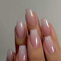 Kqueenest Glitter Gradient Pink French Press On Nails Medium Coffin French Fake Nails With Design Cute Gel False Nails Luxury