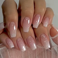 Kqueenest Glitter Gradient Pink French Press On Nails Medium Coffin French Fake Nails With Design Cute Gel False Nails Luxury