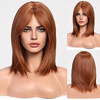 Haircube Short Auburn Wigs For Woemn Copper Straight Wig With Curtain Bangs Shoulder Length Natural Synthetic Wig For Daily Use