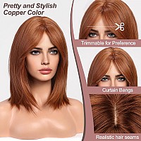 Haircube Short Auburn Wigs For Woemn Copper Straight Wig With Curtain Bangs Shoulder Length Natural Synthetic Wig For Daily Use