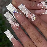 Foccna White Press On Nails Artificail Extra Long French Square Fake Nails Crystal Flowers Nails Acrylic Full Cover Long Fake N