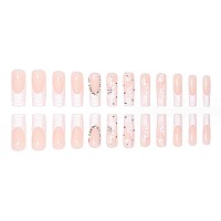 Foccna White Press On Nails Artificail Extra Long French Square Fake Nails Crystal Flowers Nails Acrylic Full Cover Long Fake N