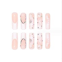 Foccna White Press On Nails Artificail Extra Long French Square Fake Nails Crystal Flowers Nails Acrylic Full Cover Long Fake N