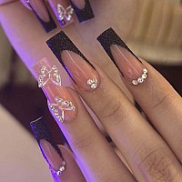 Foccna Artificail Extra Long Press On Rhinestone Nails Butterfly Black Fake Nails With French Glitter Acrylic Nude Full Cover F