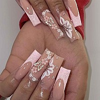 Foccna French Square Fake Nailspink Press On Nails Artificail Extra Long Crystal Flowers Nails Acrylic Full Cover Long Fake Na