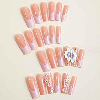 Foccna French Square Fake Nailspink Press On Nails Artificail Extra Long Crystal Flowers Nails Acrylic Full Cover Long Fake Na