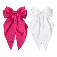 Furling Pompoms Hot Pink Bows Hair Clips For Women Large Bow Clip For Girls Satin Long Tails With Alligator Clips White Big Hair