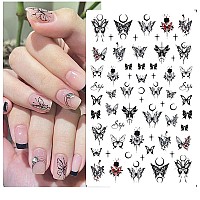 6Pcs Black Butterfly Nail Art Stickers Decal 3D Selfadhesive Nail Decals Holographic Butterflies Star Rose Flower Retro Patte