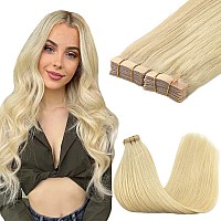 Goo Goo Tape In Hair Extensions Human Hair 613R Bleach Blonde 16Inch 100G 40Pcs Thick Ends Straight Seamless Tape In Invisib