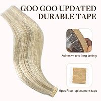 Goo Goo Tape In Hair Extensions Human Hair 17A60A Ash Blonde Highlighted Platinum Blonde 10Inch 60G 40Pcs Thick Ends Straigh