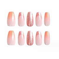 Yoyoee Medium Coffin Press On Nails French Cute Gradient False Nails Acrylic Bling Fake Nails Reusable Nails Tips For Women And