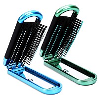 Mini Folding Compact Hair Brush With Mirror For Women And Girls Massage And Pocket Comb For Travel Gym Purse Swimming Blue