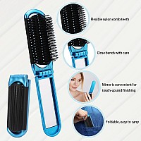 Mini Folding Compact Hair Brush With Mirror For Women And Girls Massage And Pocket Comb For Travel Gym Purse Swimming Blue