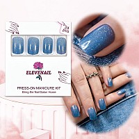 Elevenail Press On Nails Lake Blue Glitter False Nail Art Tips Jeans Blue Salon Nails Women Girls Diy Gel Manicure Reusable Acry