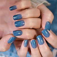 Elevenail Press On Nails Lake Blue Glitter False Nail Art Tips Jeans Blue Salon Nails Women Girls Diy Gel Manicure Reusable Acry