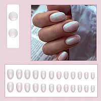 Imsohot Oval Press On Nails Short Pink Aurora Fake Nails Glossy Glue On Nails Cute Shiny Round False Nails With Designs Full Cov