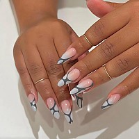 Imsohot Almond Press On Nails Medium French Tips Fake Nails Gray Bubble Gradient False Nails With Designs Glossy Full Cover Glue