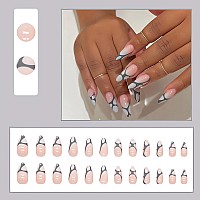 Imsohot Almond Press On Nails Medium French Tips Fake Nails Gray Bubble Gradient False Nails With Designs Glossy Full Cover Glue