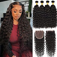 Water Wave Bundles And Closure 10A Brazilian Water Wave 4 Bundles Human Hair With Closure 100 Unprocessed Virgin Human Hair Bun