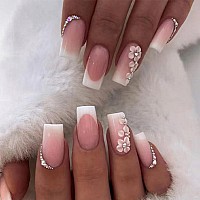 24Pcs French Tip Press On Nails Acrylic Press On Nails Medium Fakefalse Nails With Rhinestone Flower Press Ons Designs White Fr