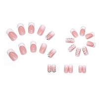 24Pcs French Tip Press On Nails Acrylic Press On Nails Medium Fakefalse Nails With Rhinestone Flower Press Ons Designs White Fr