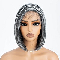 Dbut Lace Front Bob Wigs Ombre Highlight Silver Gray Side Part Simulated Scalp With Handtied Lace Front Natural Hairline With