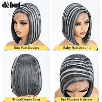 Dbut Lace Front Bob Wigs Ombre Highlight Silver Gray Side Part Simulated Scalp With Handtied Lace Front Natural Hairline With