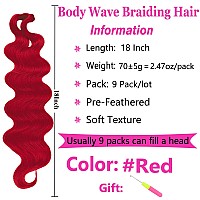 Cookoo 9 Packs Body Wave Braiding Hair 18 Inch Red Prefeathered Bouncy Wavy Braiding Hair French Curls Braids Synthetic Hair Ex