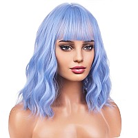 Beron 14 Inches Light Blue Wig For Women Girls Short Curly Wig Synthetic Wig Blue Wig With Bangs Lake Blue Wig With Wig Cap