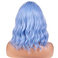 Beron 14 Inches Light Blue Wig For Women Girls Short Curly Wig Synthetic Wig Blue Wig With Bangs Lake Blue Wig With Wig Cap