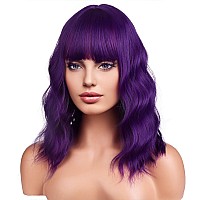 Beron 14 Inches Purple Wig For Women Girls Short Curly Wig Dark Purple Wig Synthetic Wig Purple Wig With Bangs Wig Cap Include