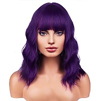 Beron 14 Inches Purple Wig For Women Girls Short Curly Wig Dark Purple Wig Synthetic Wig Purple Wig With Bangs Wig Cap Include