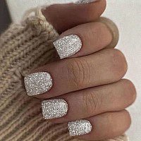 24Pcs Silver Press On Nails Short Square Fake Nails Glitter False Nails Design Full Cover Press Ons Short Nail Tips Art Kit Arti