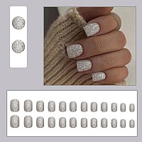 24Pcs Silver Press On Nails Short Square Fake Nails Glitter False Nails Design Full Cover Press Ons Short Nail Tips Art Kit Arti