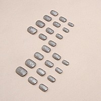 24Pcs Silver Press On Nails Short Square Fake Nails Glitter False Nails Design Full Cover Press Ons Short Nail Tips Art Kit Arti