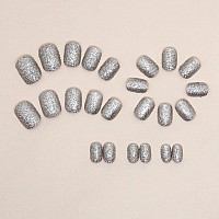 24Pcs Silver Press On Nails Short Square Fake Nails Glitter False Nails Design Full Cover Press Ons Short Nail Tips Art Kit Arti