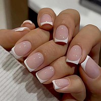 Sinsen French Tip Press On Nails Short Pink Press On Nails Square Shape White Tips Fake Nails With Adhesive Glue Stickers Re