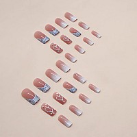 Sinsen Square Press On Nails Medium Length French Tip Press On Nails Heart Deign Glossy Pink Fake Nails With Adhesive Glue St