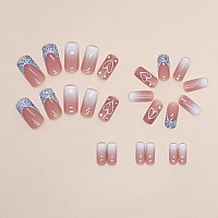 Sinsen Square Press On Nails Medium Length French Tip Press On Nails Heart Deign Glossy Pink Fake Nails With Adhesive Glue St