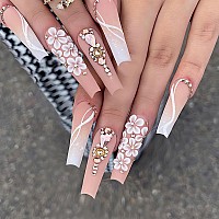 Sinsen Press On Nails Long White Flowers Press On Nails Coffin Shape Glossy Pink Fake Nails With Adhesive Glue Stickers Reus