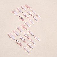 Sinsen Press On Nails Long White Flowers Press On Nails Coffin Shape Glossy Pink Fake Nails With Adhesive Glue Stickers Reus