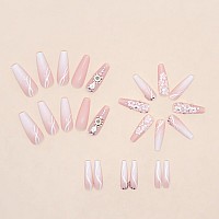 Sinsen Press On Nails Long White Flowers Press On Nails Coffin Shape Glossy Pink Fake Nails With Adhesive Glue Stickers Reus