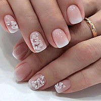 Sinsen Short Press On Nails Pink Flower Press On Nails Square Shape Glossy White Fake Nails With Adhesive Glue Stickers Full