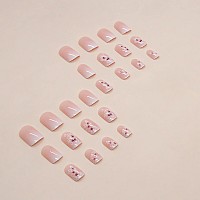 Sinsen Short Press On Nails Pink Flower Press On Nails Square Shape Glossy White Fake Nails With Adhesive Glue Stickers Full