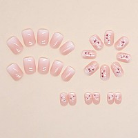 Sinsen Short Press On Nails Pink Flower Press On Nails Square Shape Glossy White Fake Nails With Adhesive Glue Stickers Full