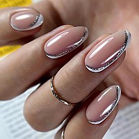 Sinsen French Tip Press On Nails Medium Silver White Press On Nails Almond Glossy Pink Fake Nails With Adhesive Glue Stickers