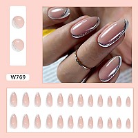 Sinsen French Tip Press On Nails Medium Silver White Press On Nails Almond Glossy Pink Fake Nails With Adhesive Glue Stickers