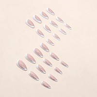 Sinsen French Tip Press On Nails Medium Silver White Press On Nails Almond Glossy Pink Fake Nails With Adhesive Glue Stickers