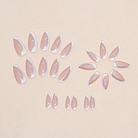 Sinsen French Tip Press On Nails Medium Silver White Press On Nails Almond Glossy Pink Fake Nails With Adhesive Glue Stickers