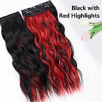 Alxnan Clip In Long Wavy Hair Extension 20 Inch Black Red Highlights Hair Extensions 4Pcs Thick Hairpieces Fiber Double Weft Hai